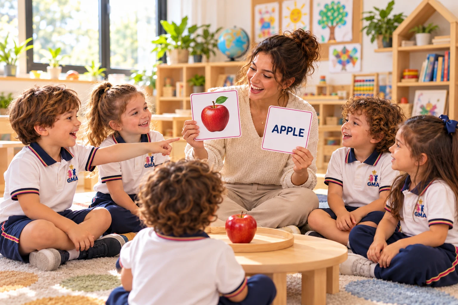 GMA üniformalı çocukların İngilizce kelimeleri öğrendiği temsili ders görseli